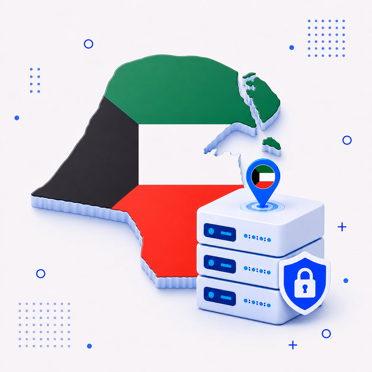 VPN for Kuwait 3D map of Kuwait in national flag colors beside VPN servers and a secure shield