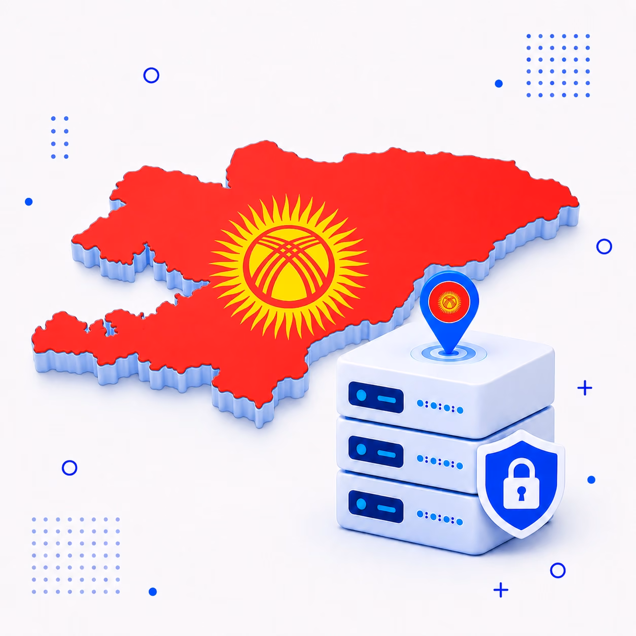 VPN for Kyrgyzstan 3D map of Kyrgyzstan in national flag colors with protected VPN servers