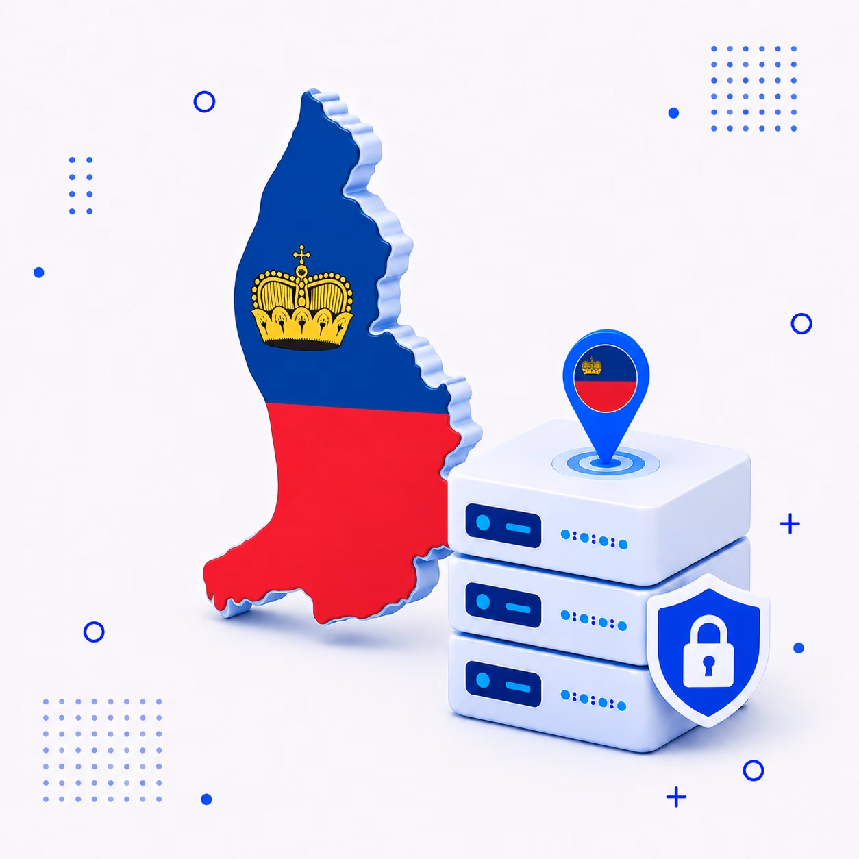 VPN for Liechtenstein 3D map of Liechtenstein in national flag colors beside secure VPN servers