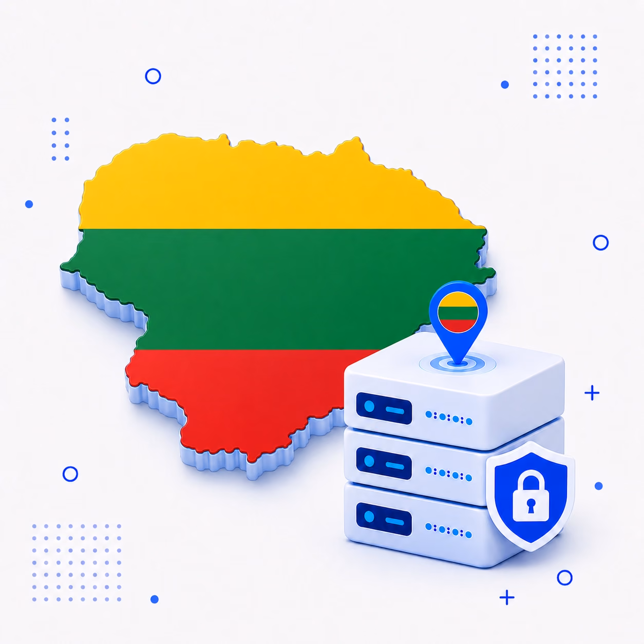 VPN for Lithuania 3D map of Lithuania in national flag colors beside encrypted VPN servers and a privacy shield