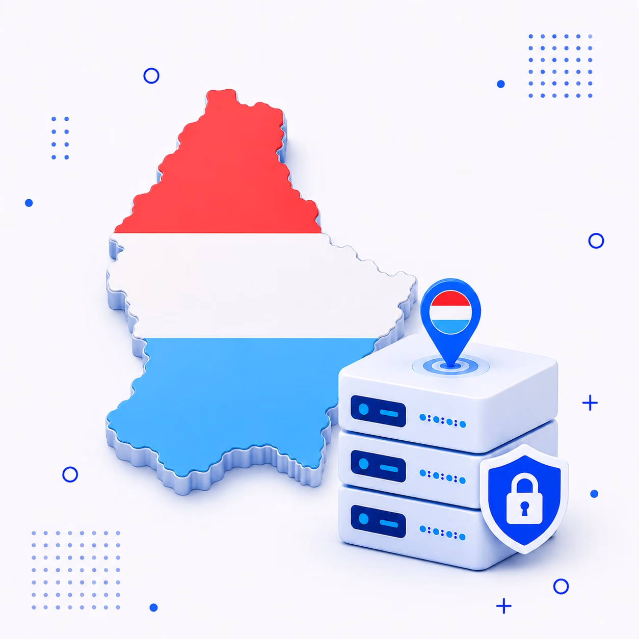 VPN for Luxembourg 3D map of Luxembourg in national flag colors with secure VPN servers