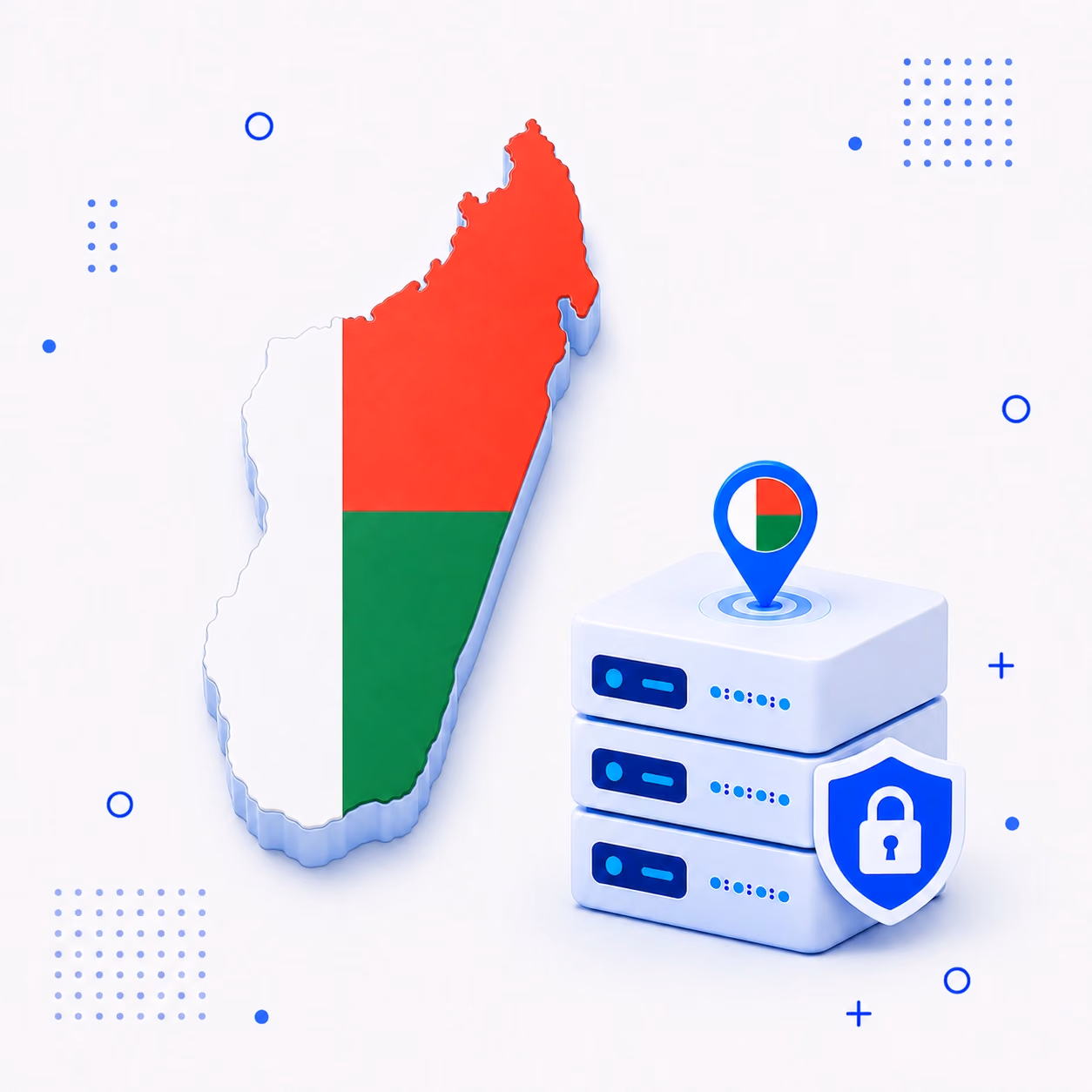 VPN for Madagascar 3D map of Madagascar in national flag colors beside protected VPN infrastructure