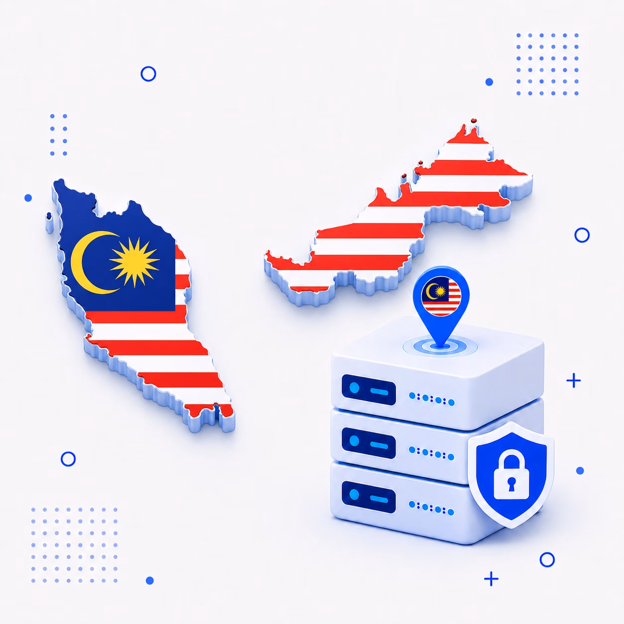 VPN for Malaysia 3D map of Malaysia in national flag colors beside secure VPN servers and a privacy shield