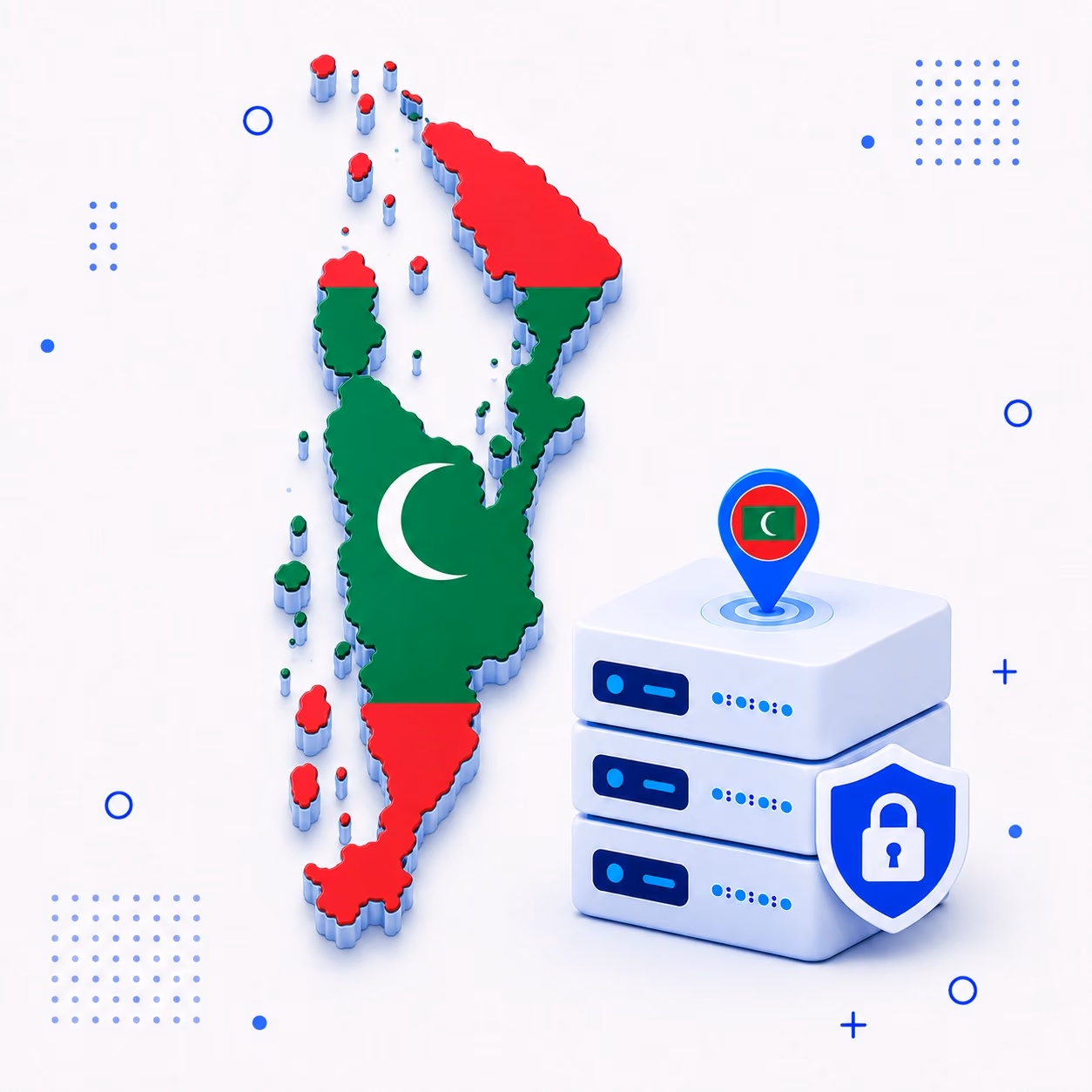 3D map of the Maldives in national flag colors beside encrypted VPN servers and a privacy shield