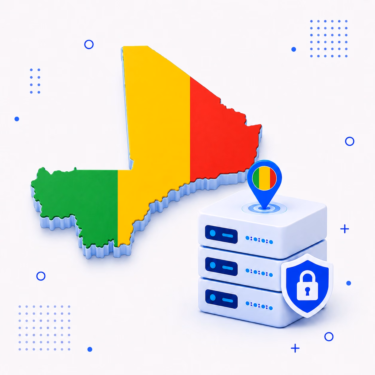 VPN for Mali 3D map of Mali in national flag colors with protected VPN servers