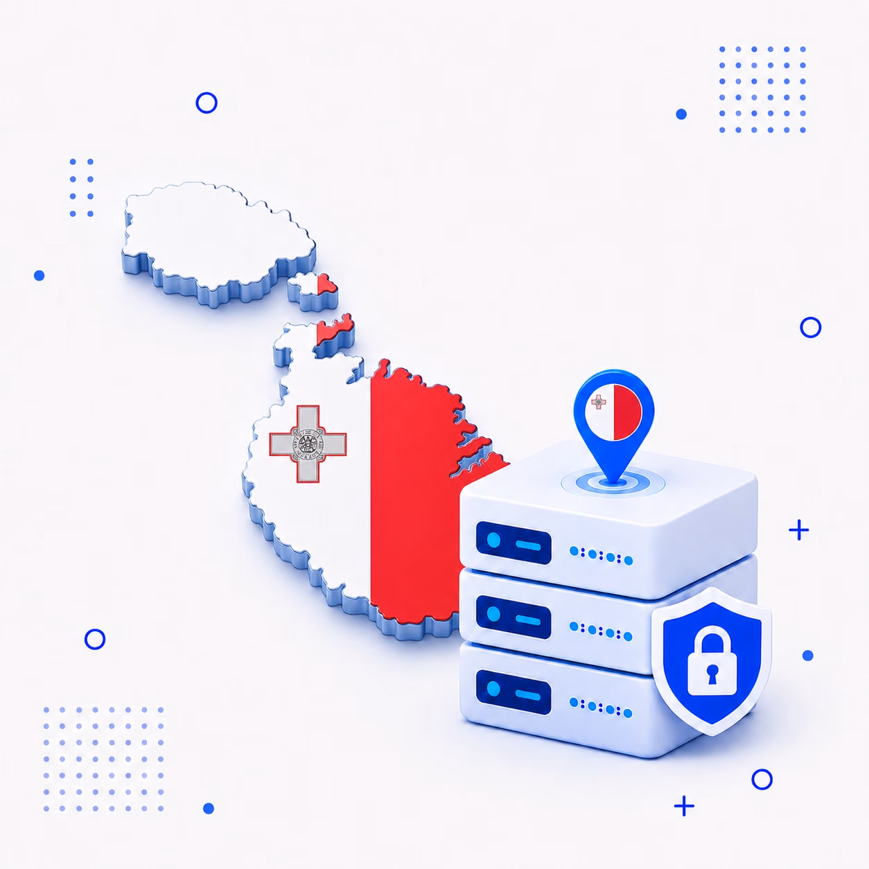 VPN for Malta 3D map of Malta in national flag colors beside secure VPN hardware and a shield