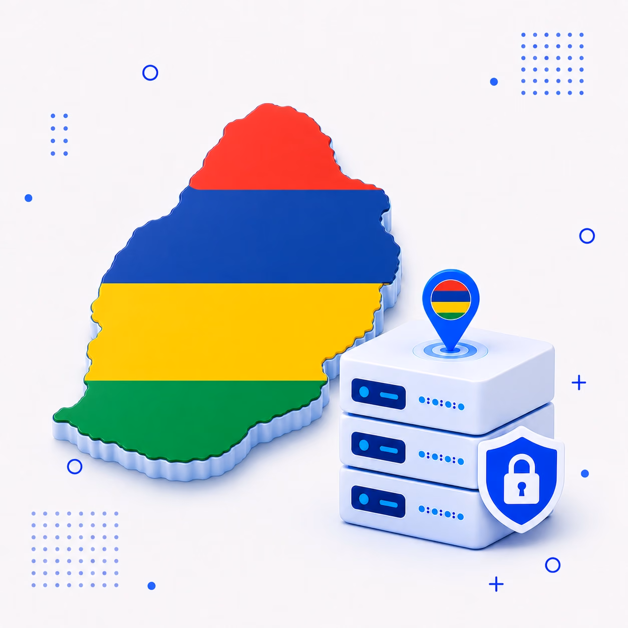 3D map of Mauritius in national flag colors beside encrypted VPN servers and a privacy shield