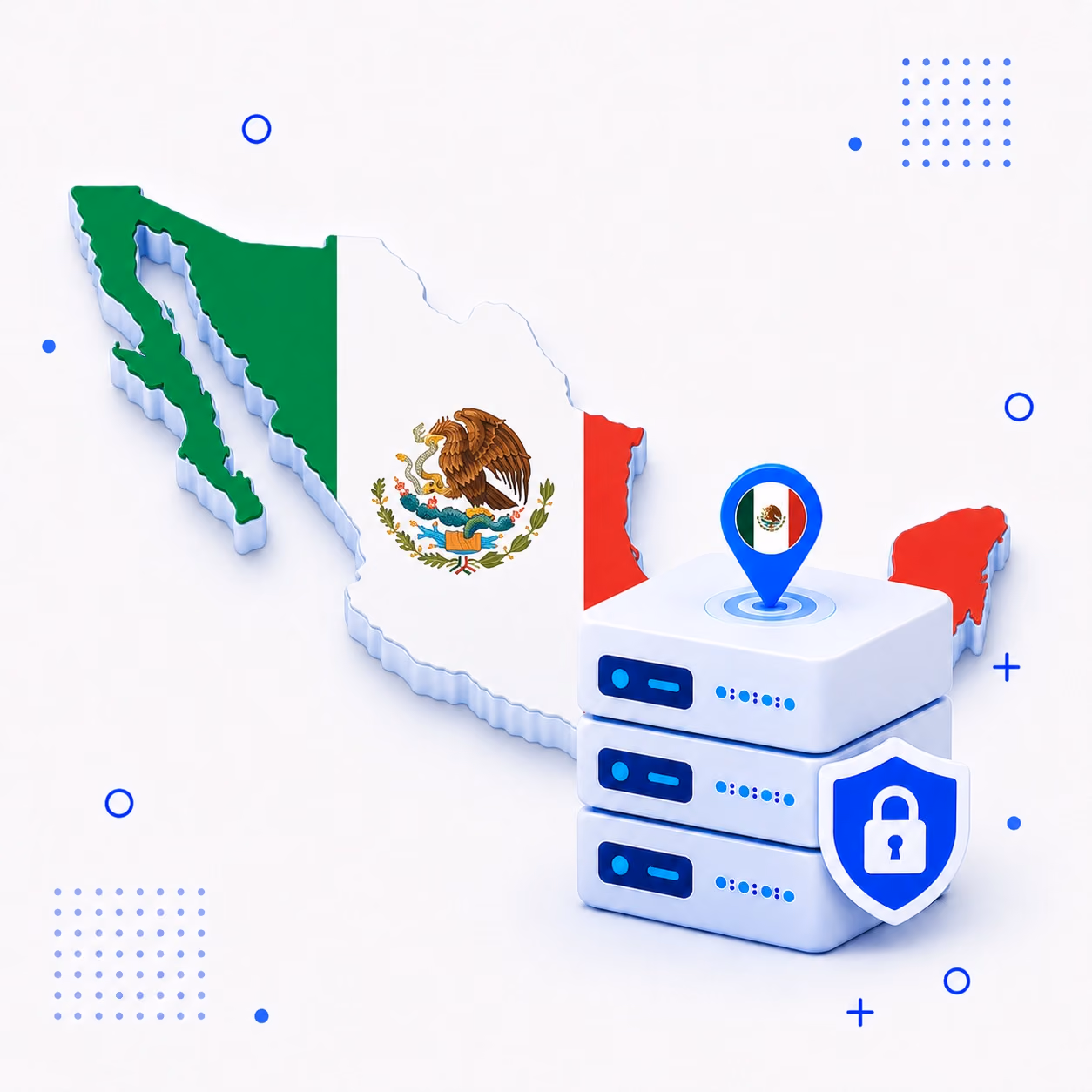 VPN for Mexico 3D map of Mexico in national flag colors with secure VPN servers and a shield