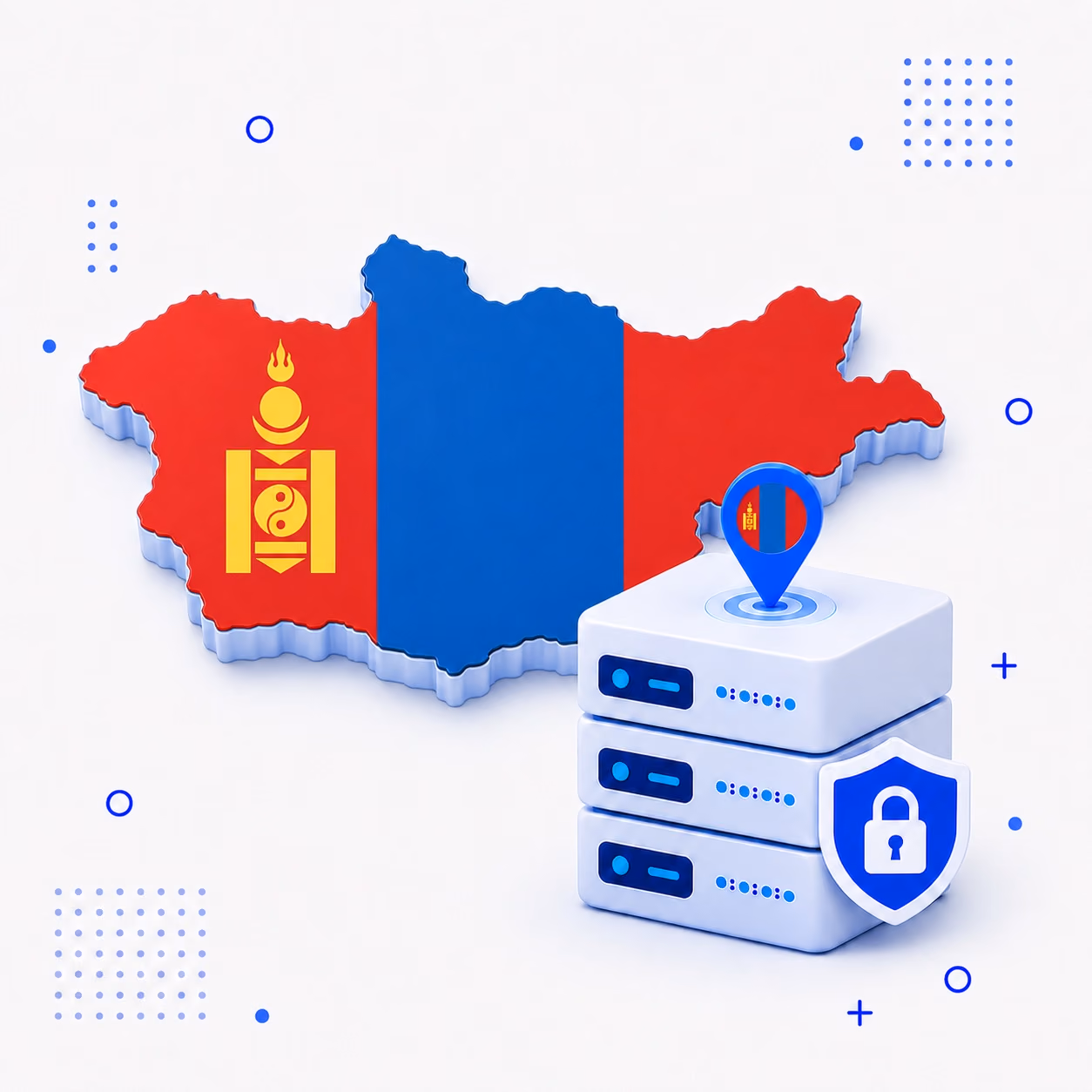 3D map of Mongolia in national flag colors beside encrypted VPN servers and a privacy shield