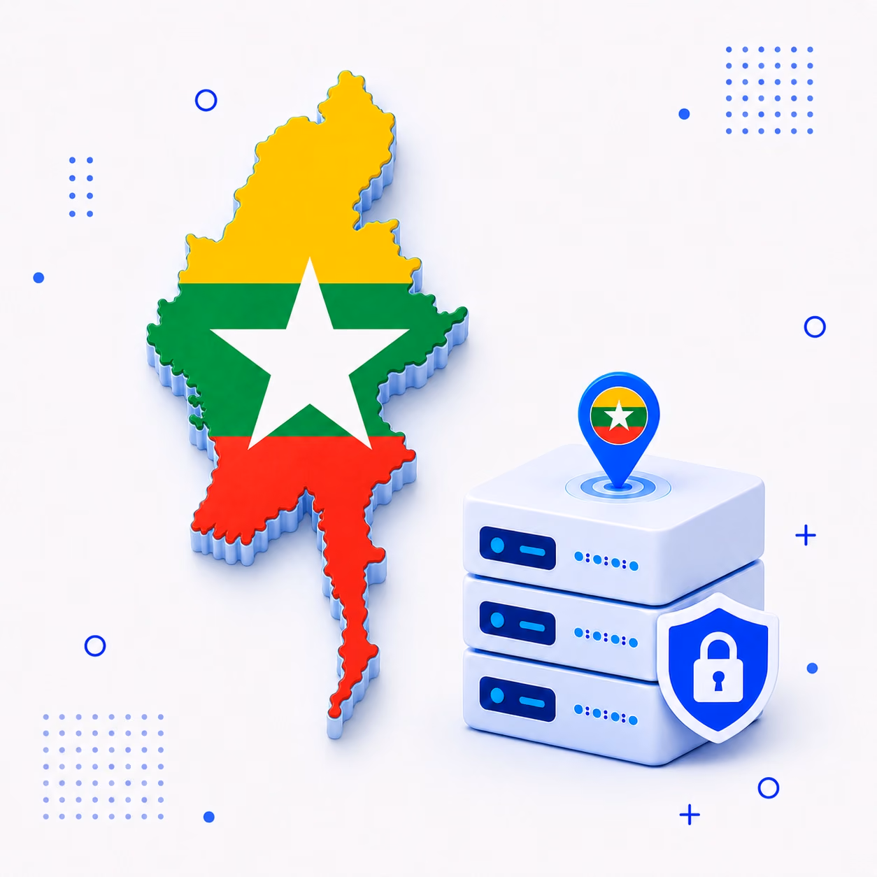 VPN for Myanmar 3D map of Myanmar in national flag colors beside secure VPN servers