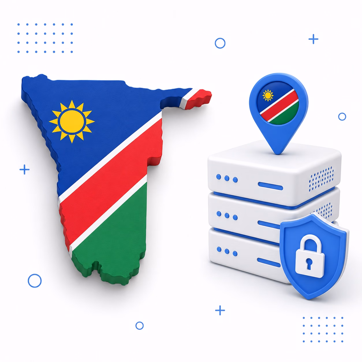 VPN for Namibia 3D map of Namibia in national flag colors beside encrypted VPN servers and a privacy shield