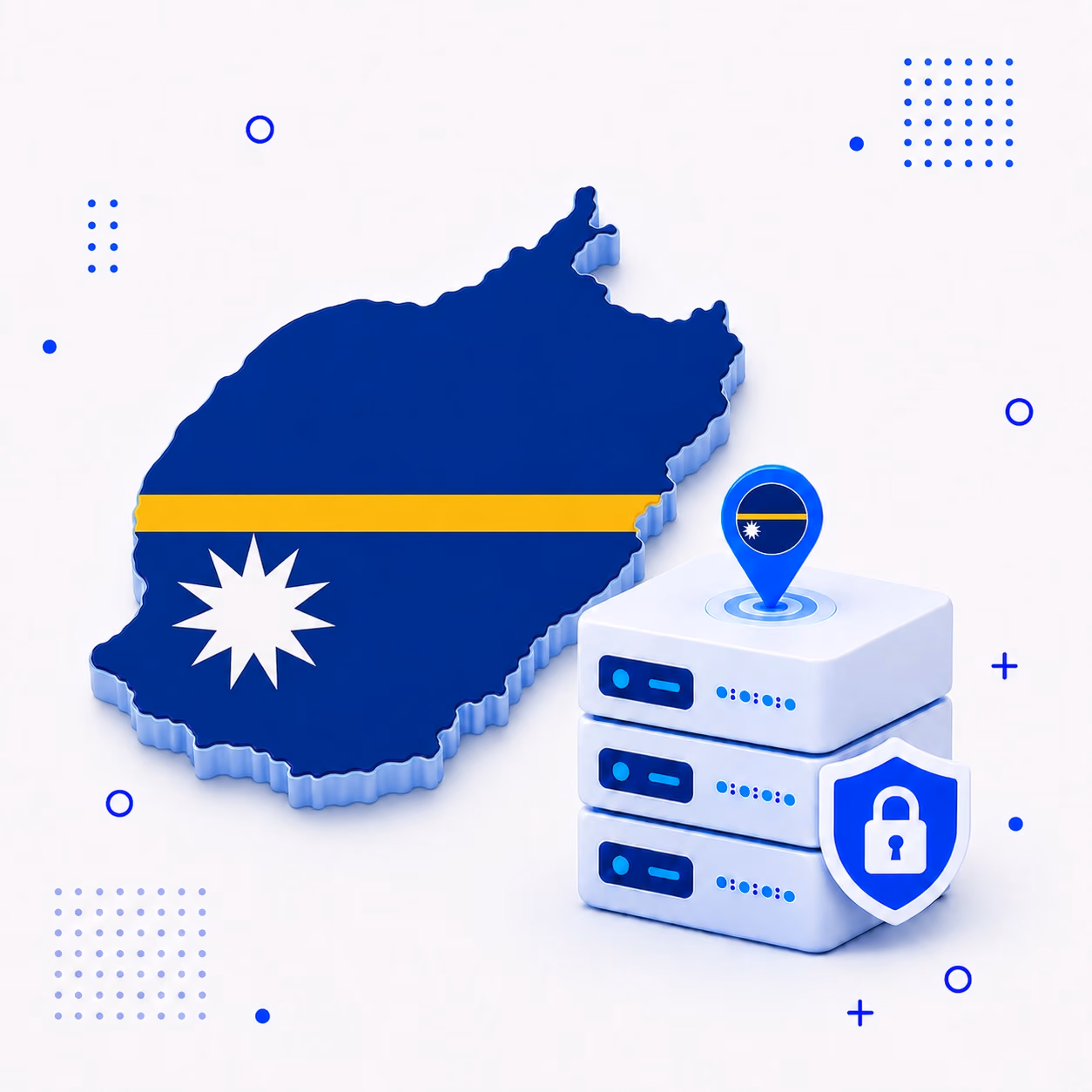 3D map of Nauru in national flag colors with protected VPN servers
