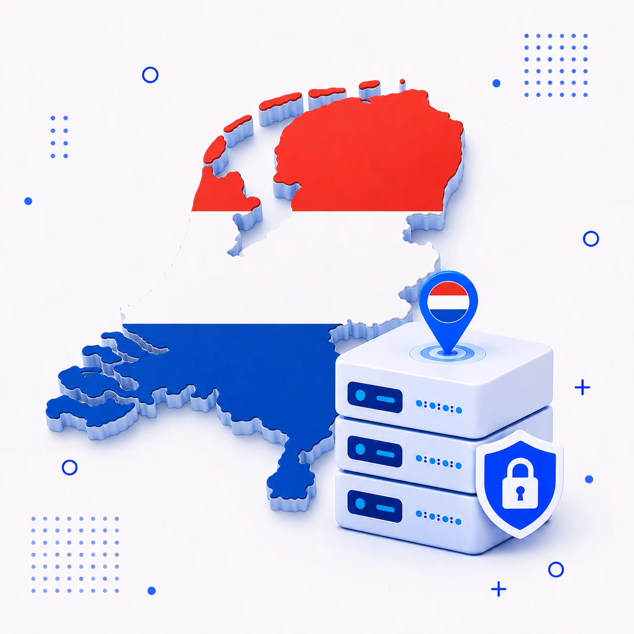 VPN for Netherlands 3D map of the Netherlands in national flag colors with encrypted VPN servers