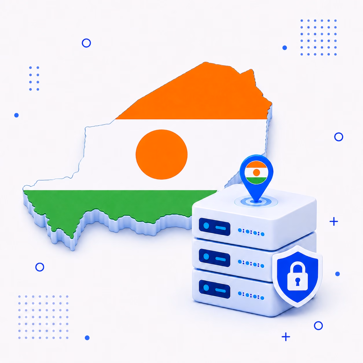 VPN for Niger 3D map of Niger in national flag colors with protected VPN servers