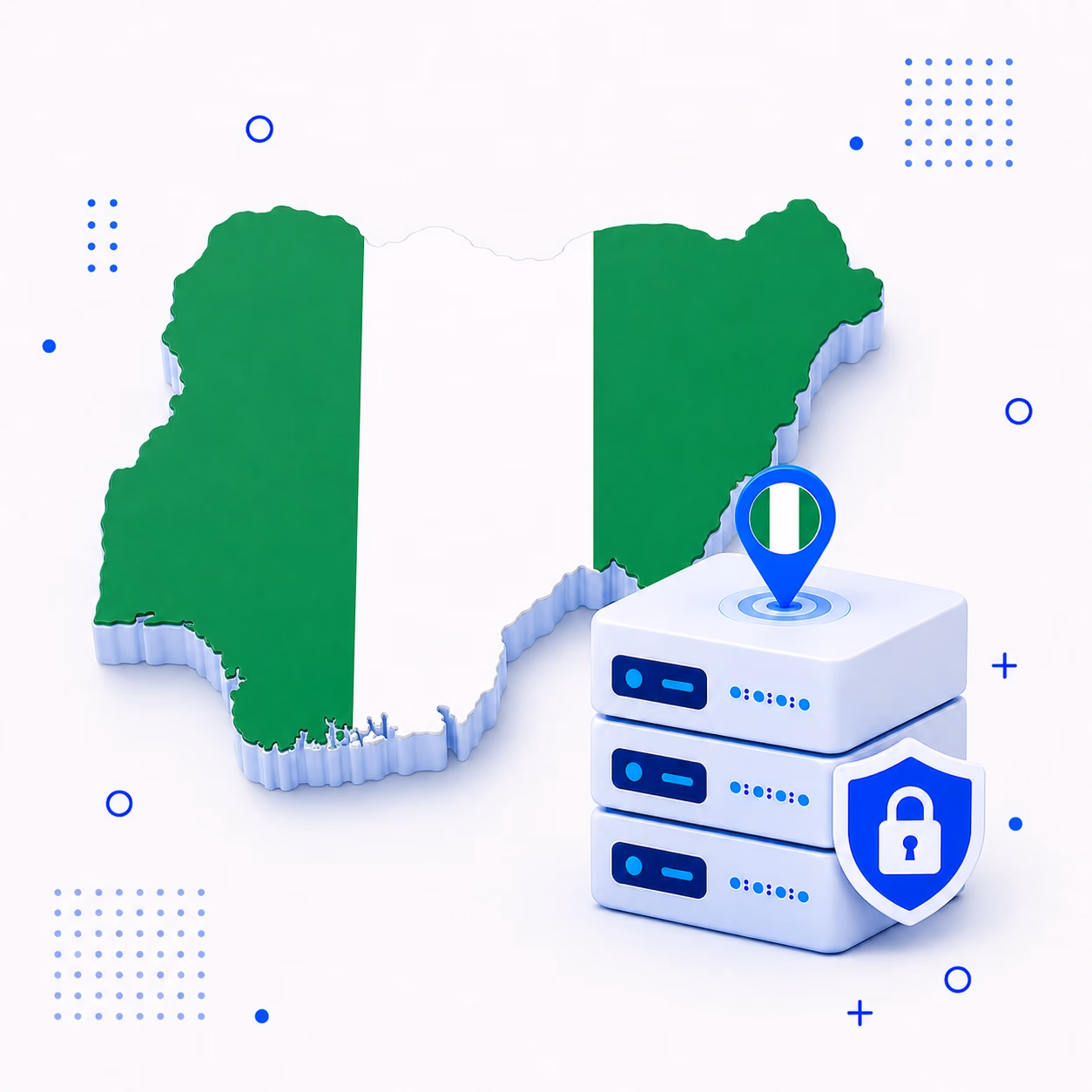 VPN for Nigeria 3D map of Nigeria in national flag colors beside secure VPN hardware and a shield