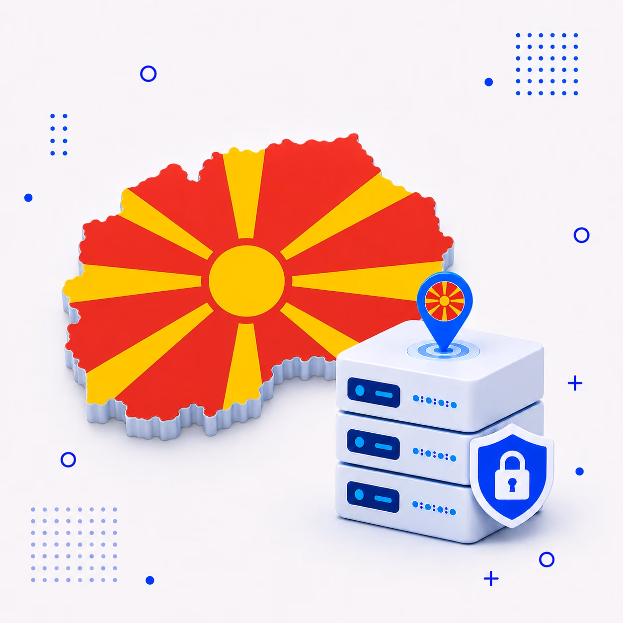 VPN for North Macedonia 3D map of North Macedonia in national flag colors beside protected VPN servers and a privacy shield