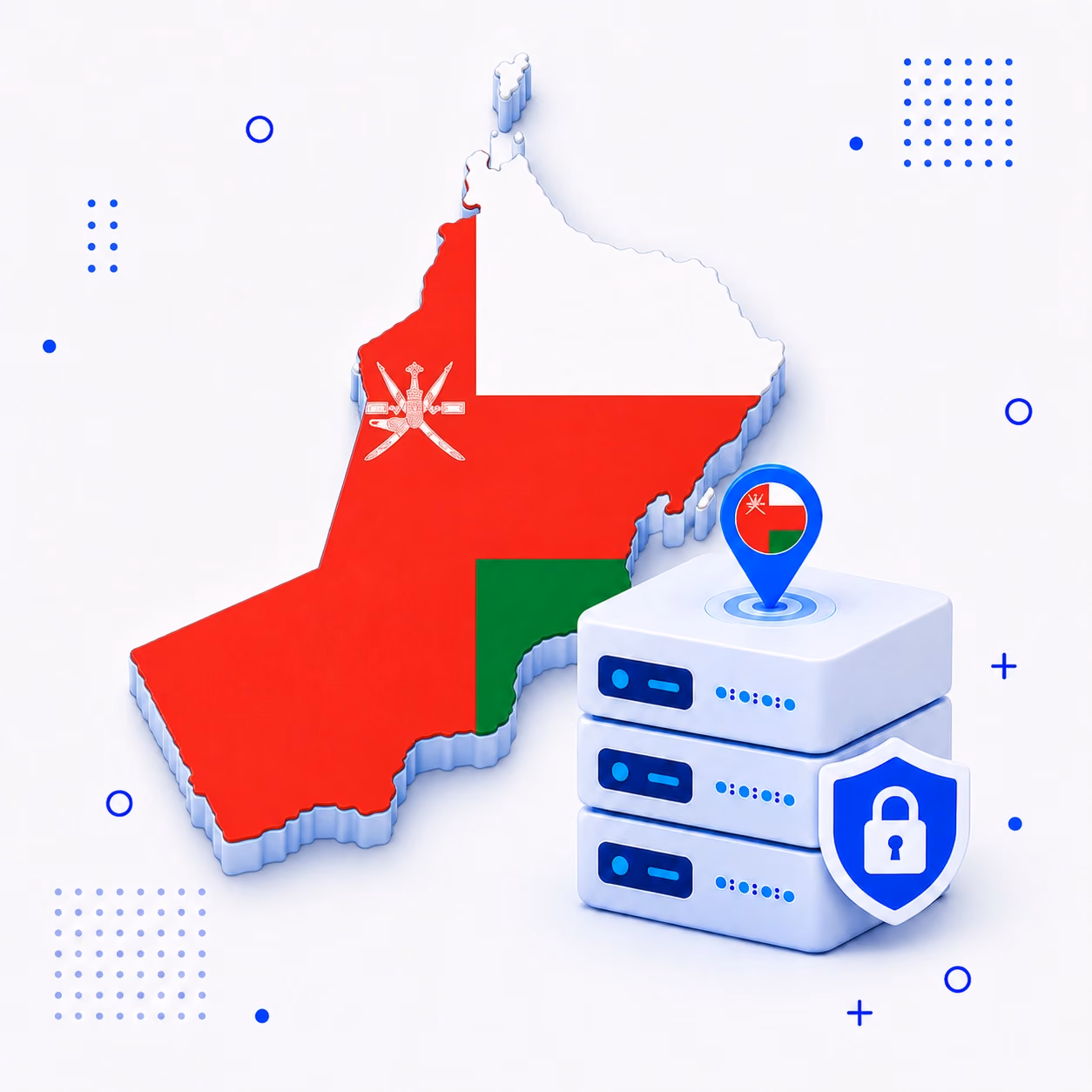 3D map of Oman in national flag colors with protected VPN servers