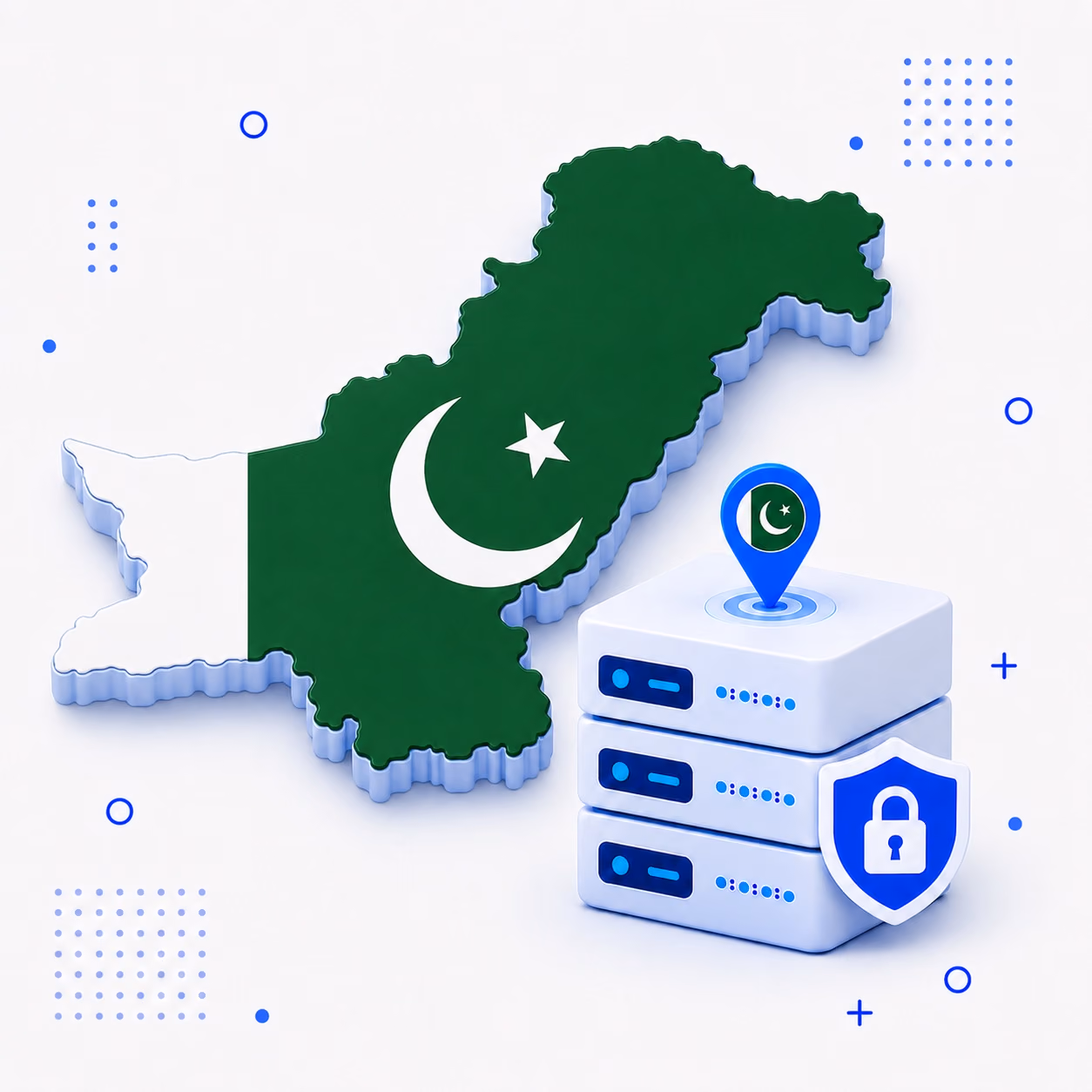 VPN for Pakistan 3D map of Pakistan in national flag colors beside secure VPN hardware and a shield