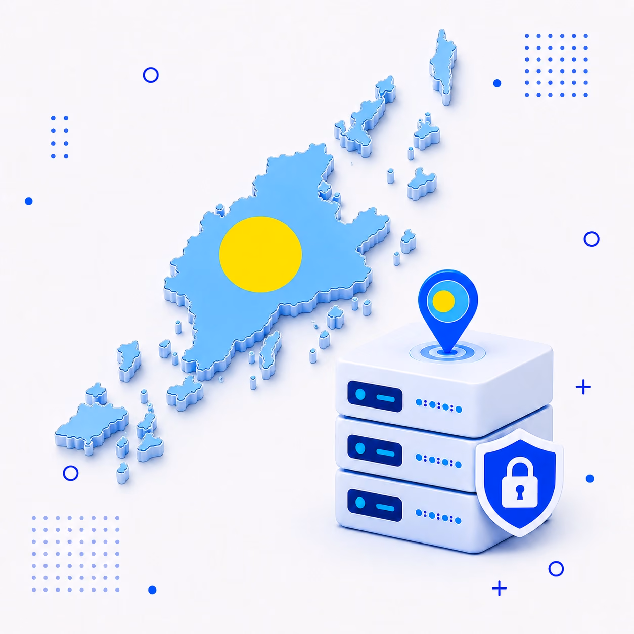 3D map of Palau in national flag colors with encrypted VPN servers and a privacy shield