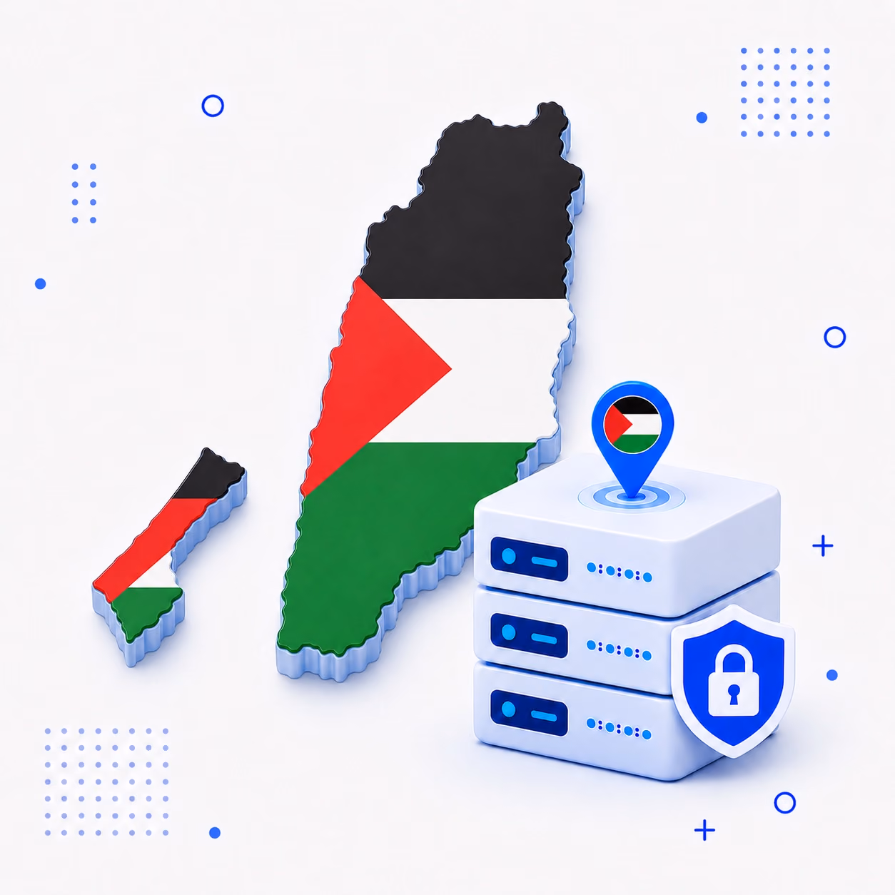 VPN for Palestine 3D map of Palestine in national flag colors beside protected VPN servers and a privacy shield