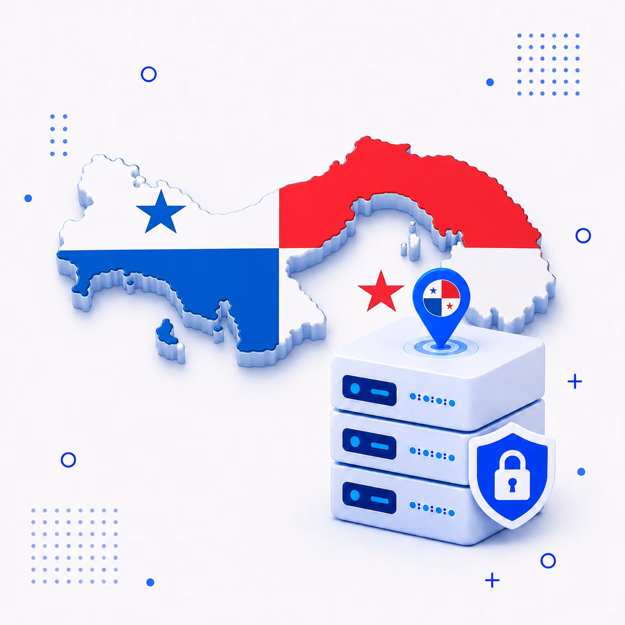 3D map of Panama in national flag colors beside encrypted VPN servers and a privacy shield