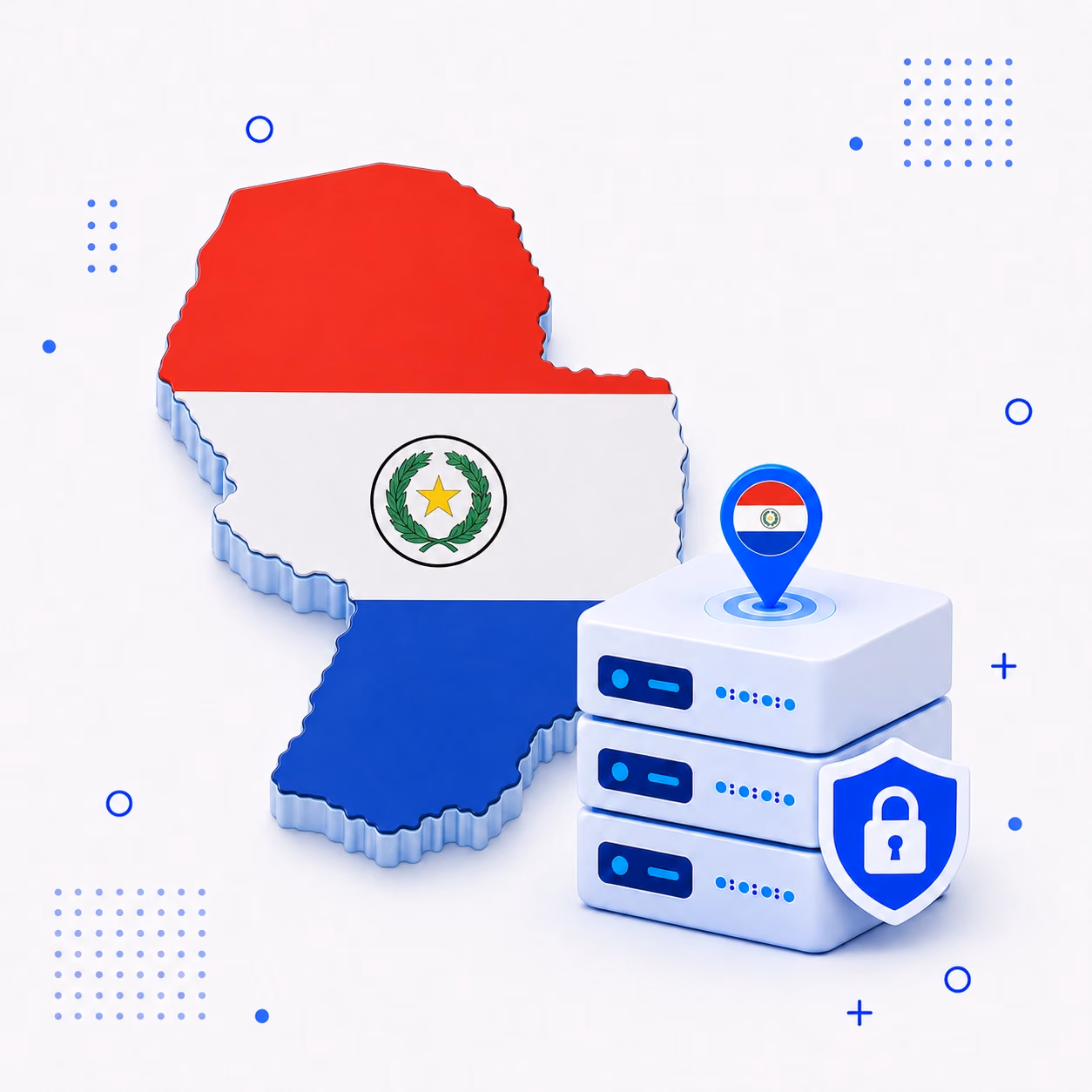 3D map of Paraguay in national flag colors beside secure VPN hardware and a shield
