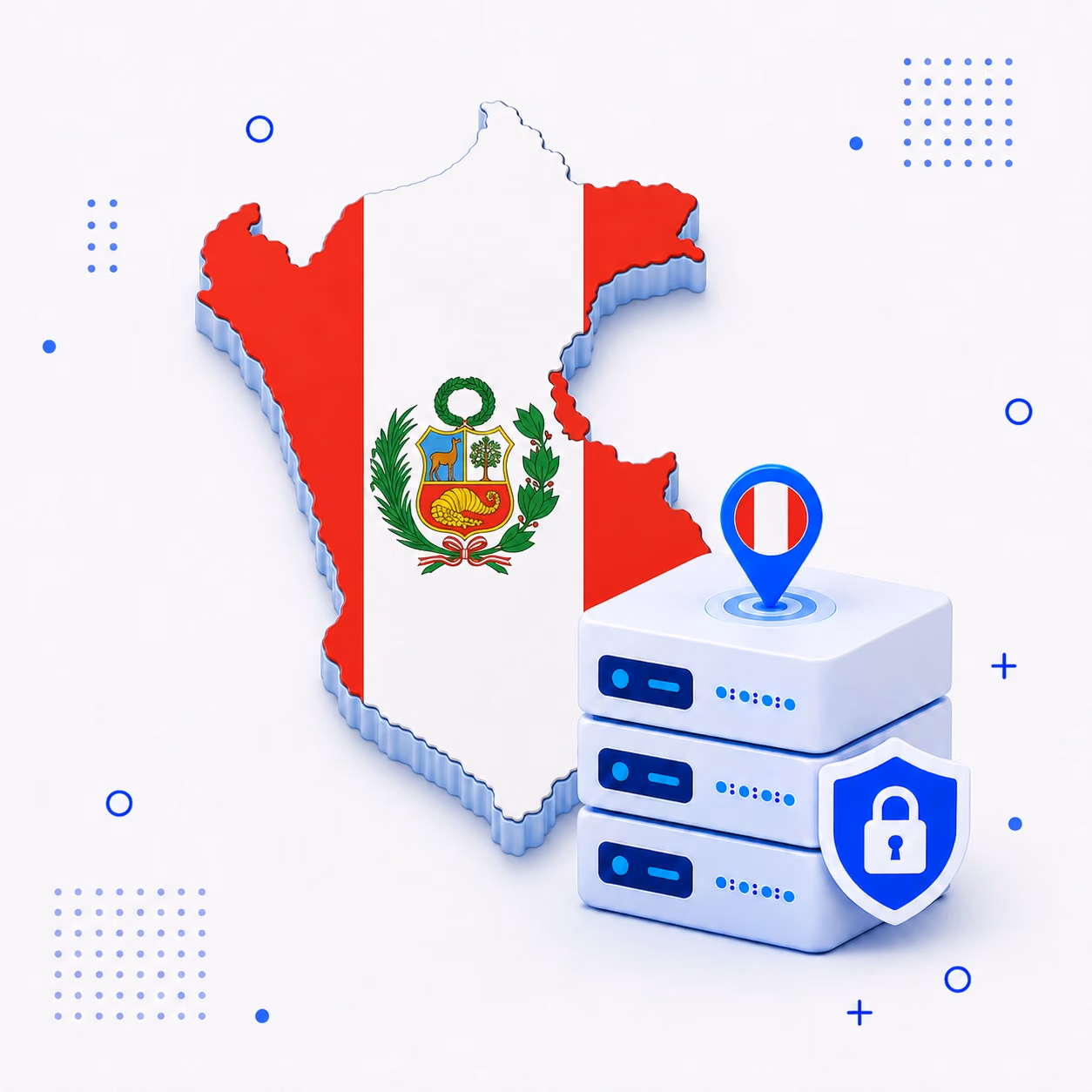 3D map of Peru in national flag colors with encrypted VPN servers and a privacy shield