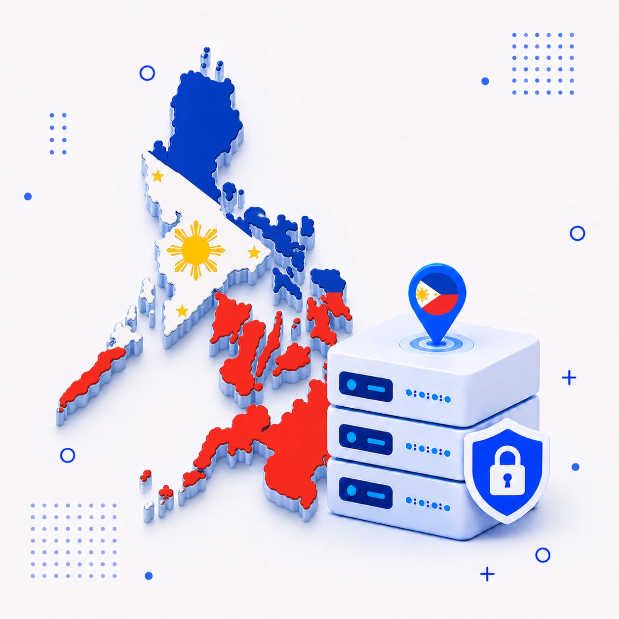 VPN for Philippines 3D map of the Philippines in national flag colors beside protected VPN servers and a privacy shield