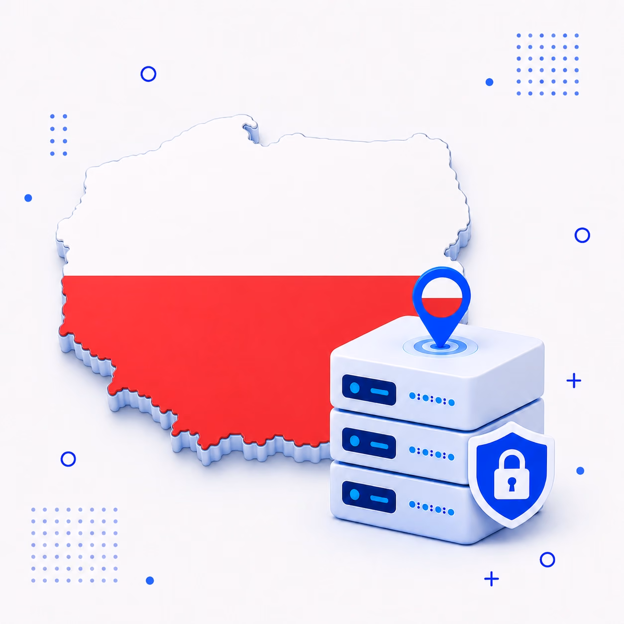 VPN for Poland 3D map of Poland in national flag colors beside encrypted VPN servers and a privacy shield