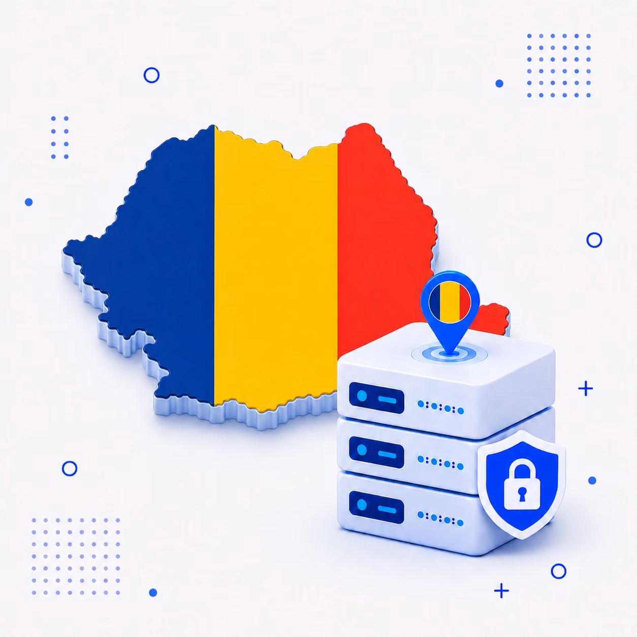 VPN for Romania 3D map of Romania in national flag colors with encrypted VPN servers and a privacy shield