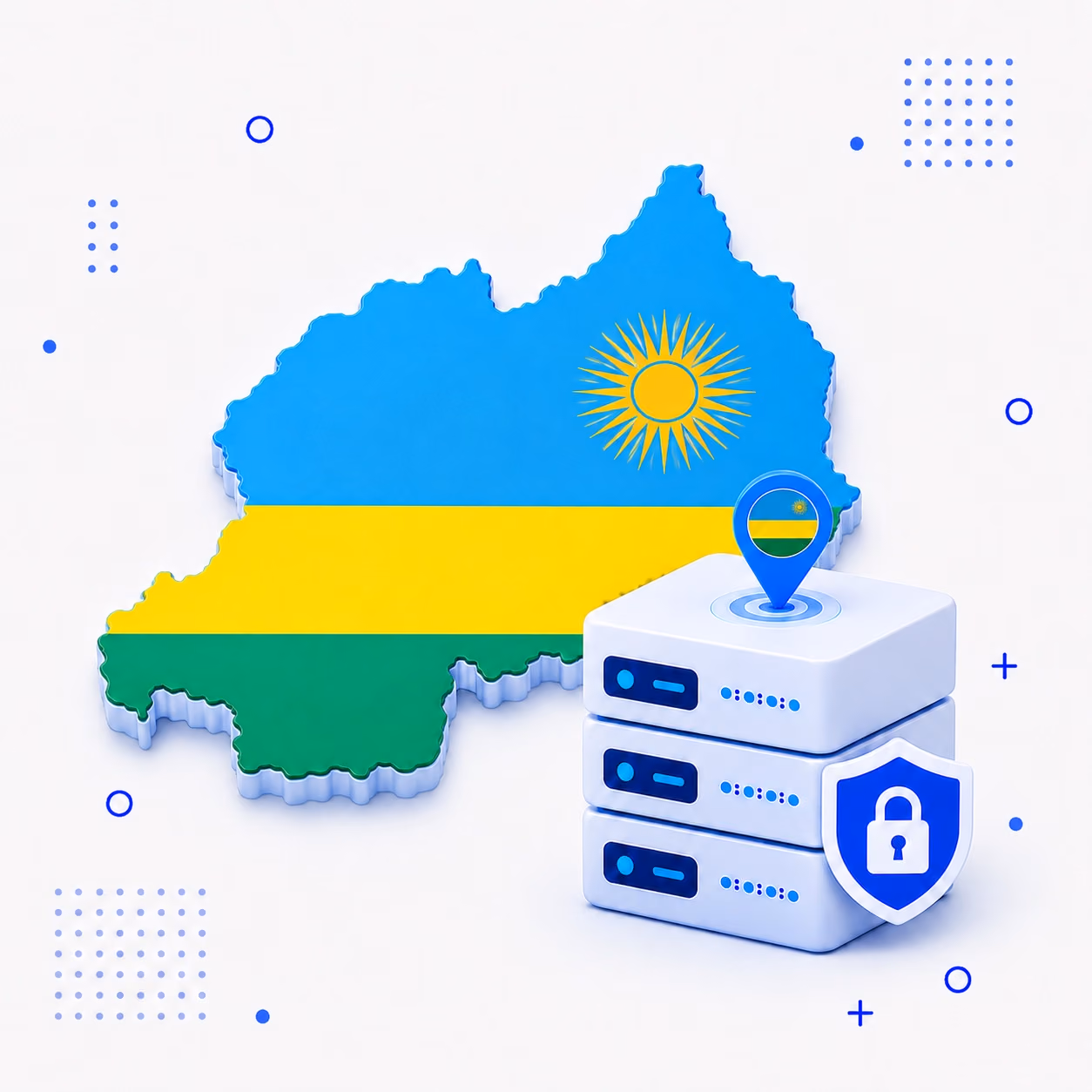 VPN for Rwanda 3D map of Rwanda in national flag colors beside encrypted VPN servers and a privacy shield