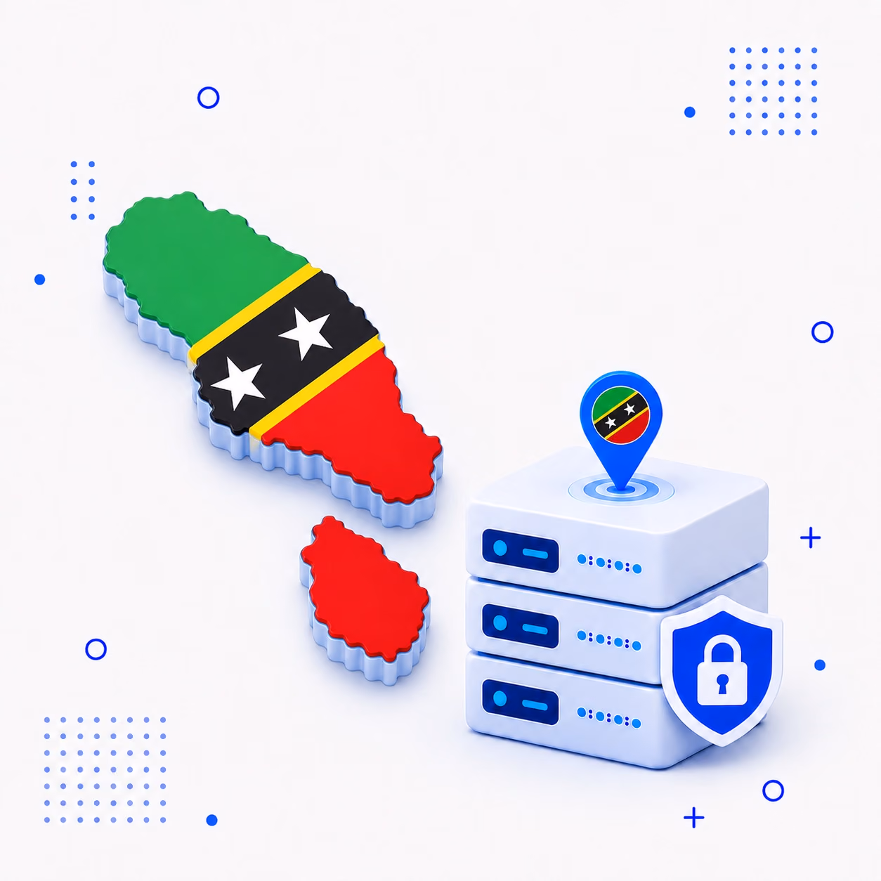 3D map of Saint Kitts and Nevis in national flag colors with secure VPN servers and a shield