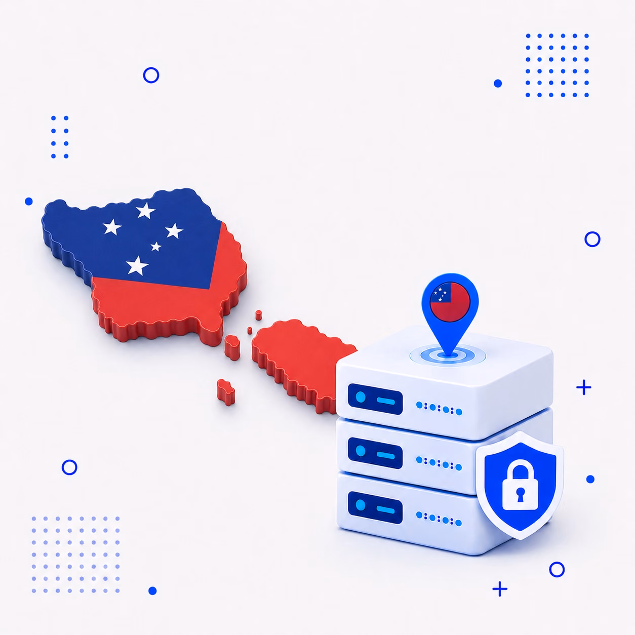 3D map of Samoa in national flag colors with protected VPN servers and a privacy shield