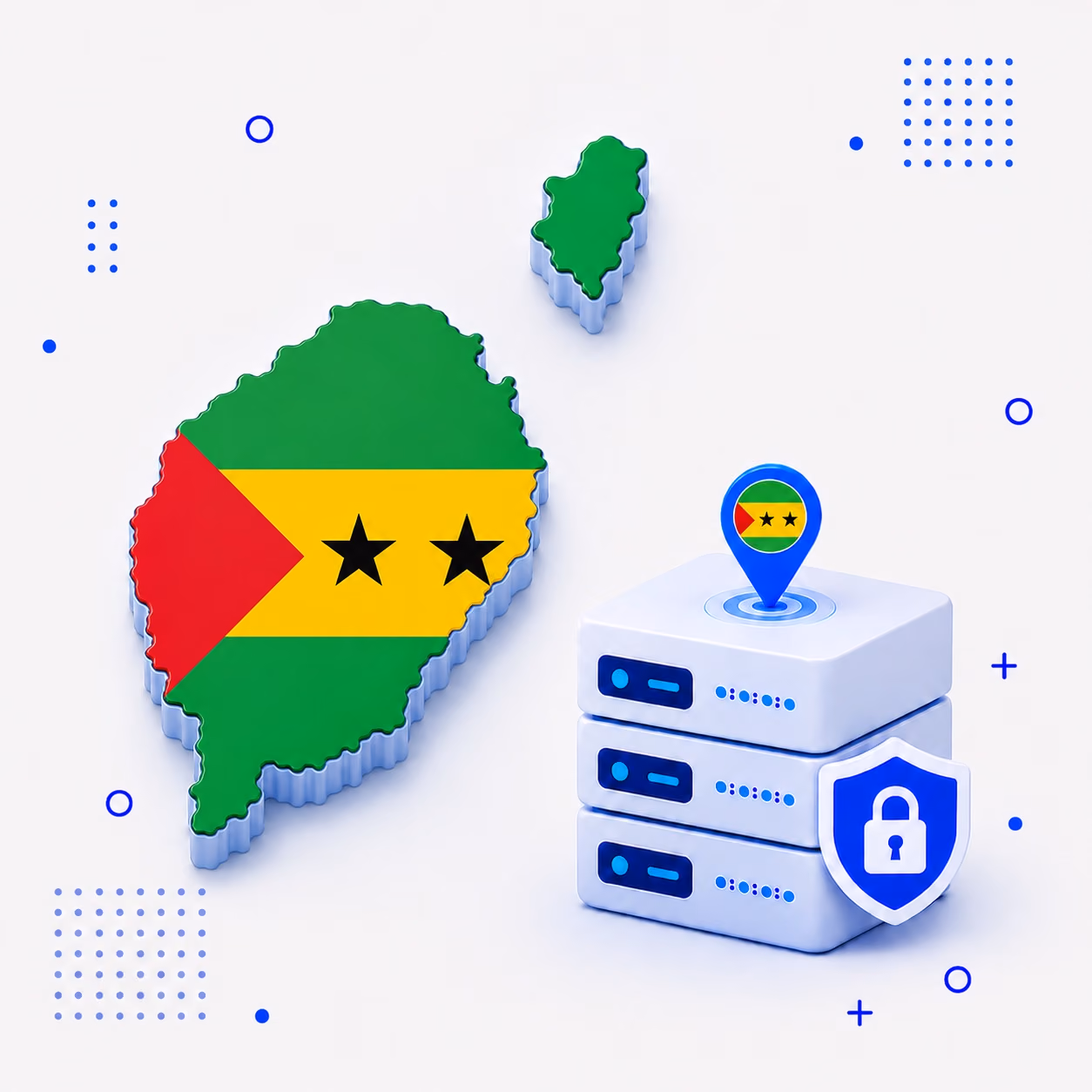 VPN for São Tomé and Príncipe 3D map of São Tomé and Príncipe in national flag colors with secure VPN servers and a shield