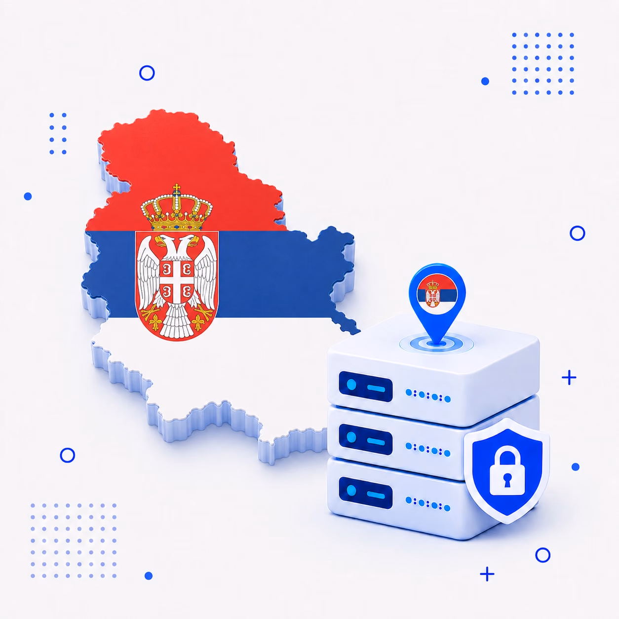 3D map of Serbia in national flag colors beside secure VPN servers and a privacy shield