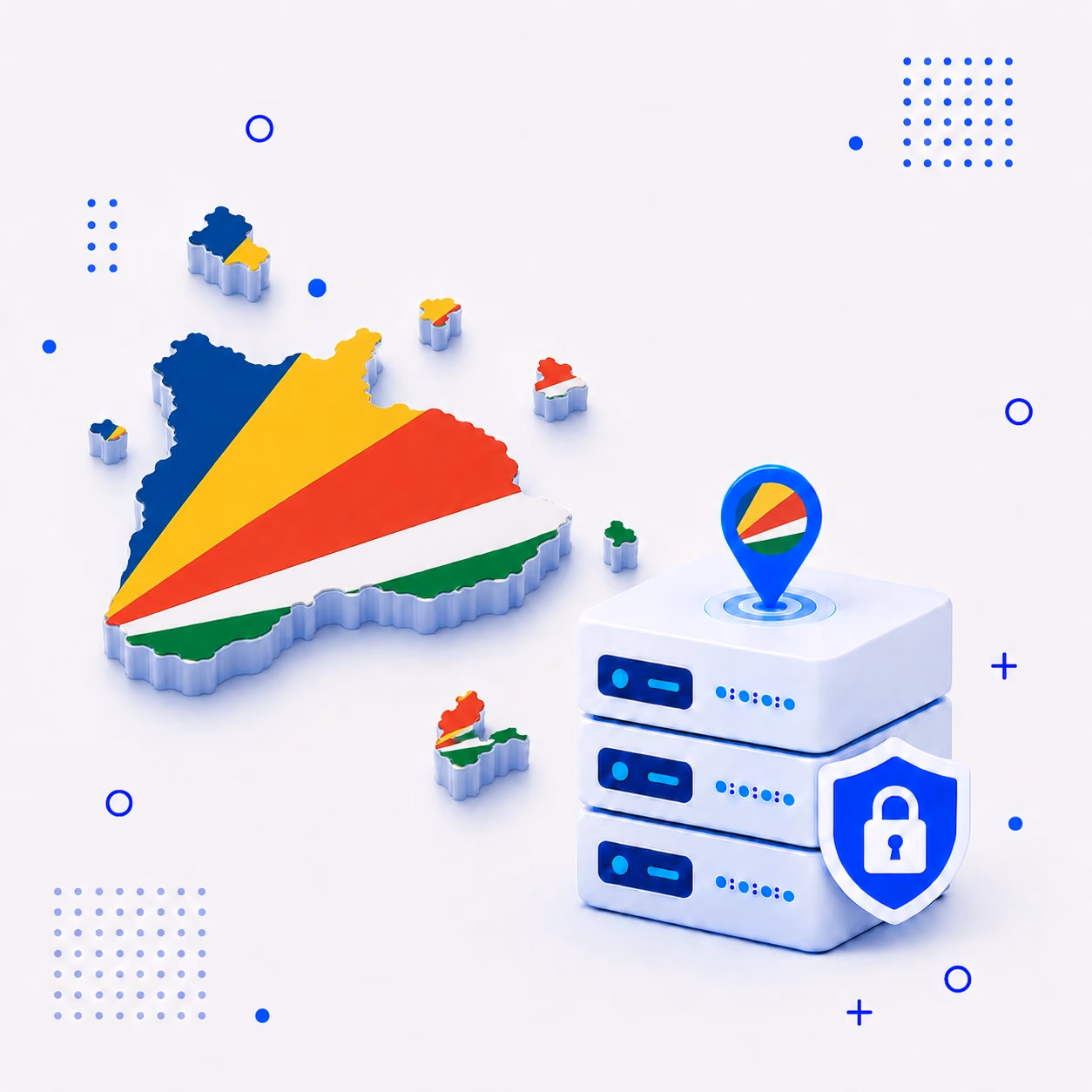3D map of Seychelles in national flag colors beside encrypted VPN servers and a privacy shield