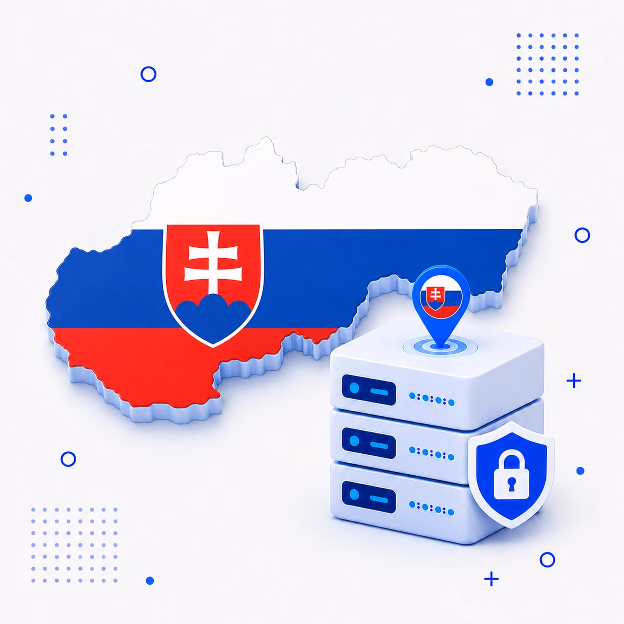 VPN for Slovakia 3D map of Slovakia in national flag colors with encrypted VPN servers and a privacy shield