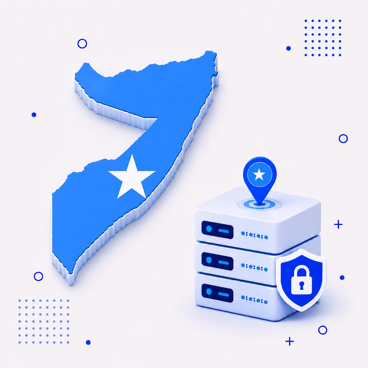 VPN for Somalia 3D map of Somalia in national flag colors with protected VPN servers and a privacy shield