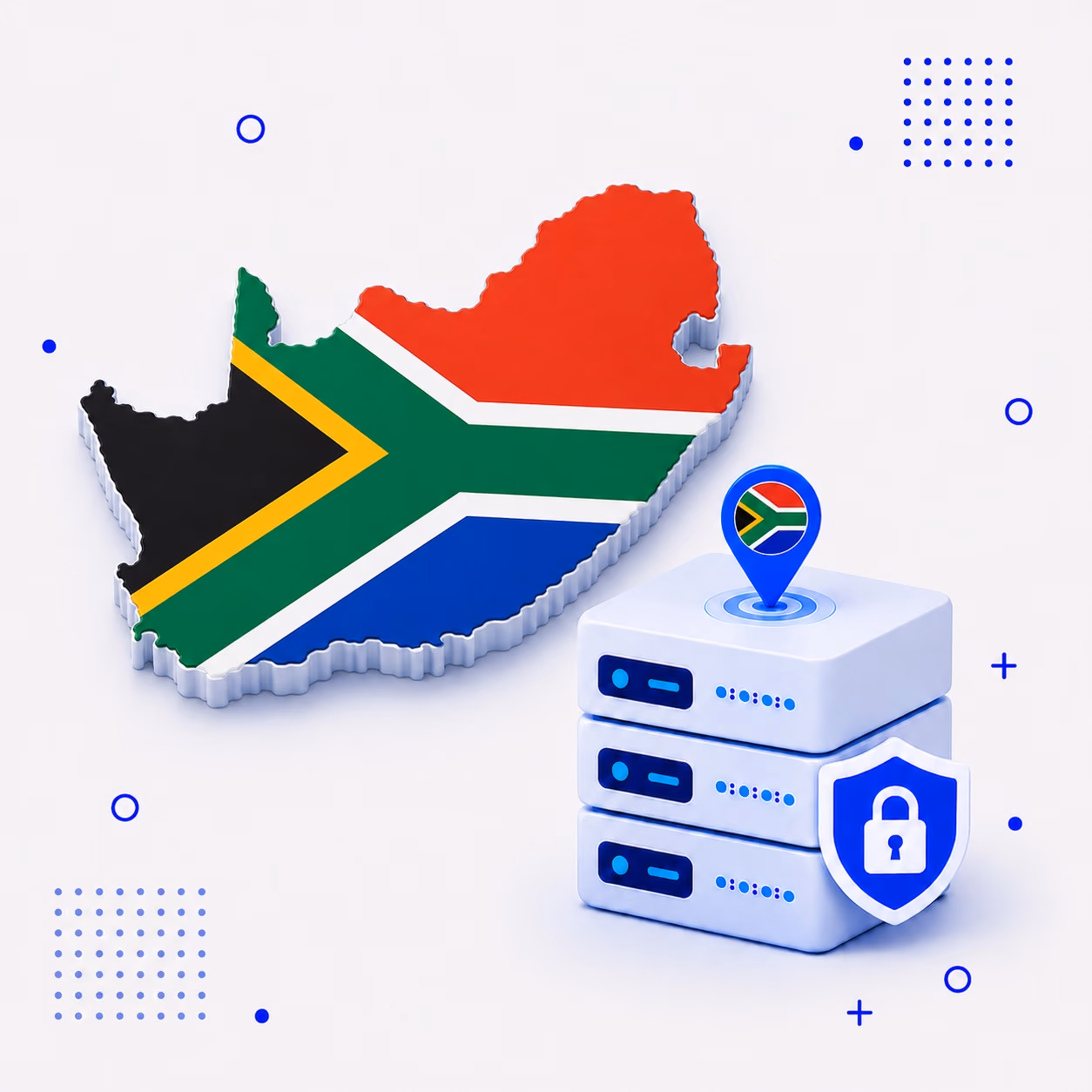 3D map of South Africa in national flag colors beside secure VPN servers and a privacy shield