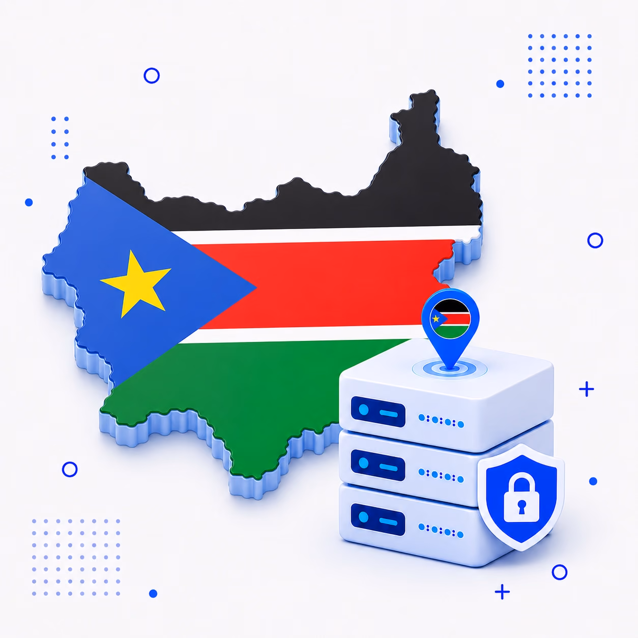 VPN for South Sudan 3D map of South Sudan in national flag colors beside protected VPN servers and a privacy shield