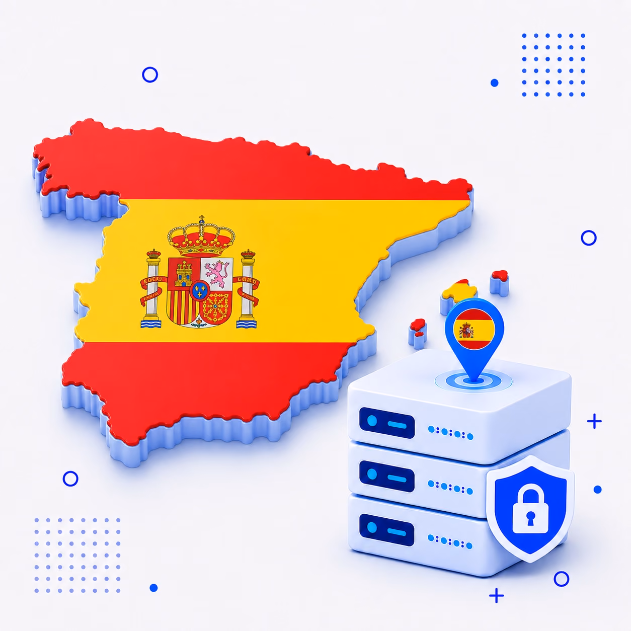 VPN for Spain 3D map of Spain in national flag colors beside encrypted VPN servers and a privacy shield