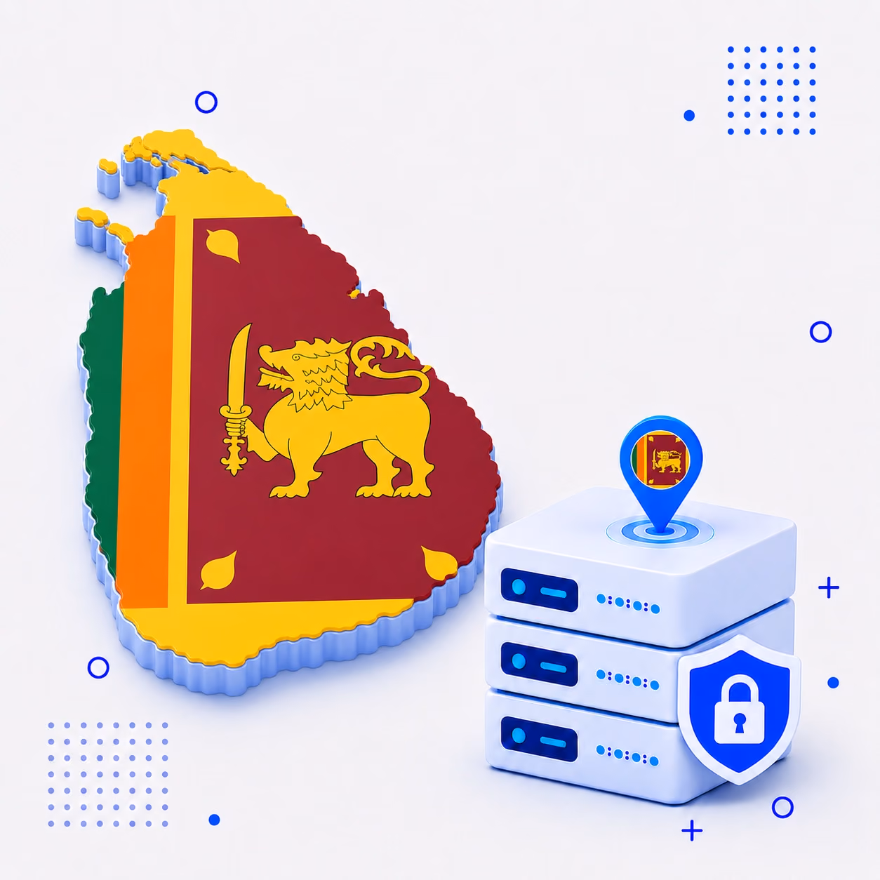 VPN for Sri Lanka 3D map of Sri Lanka in national flag colors with secure VPN servers and a privacy shield