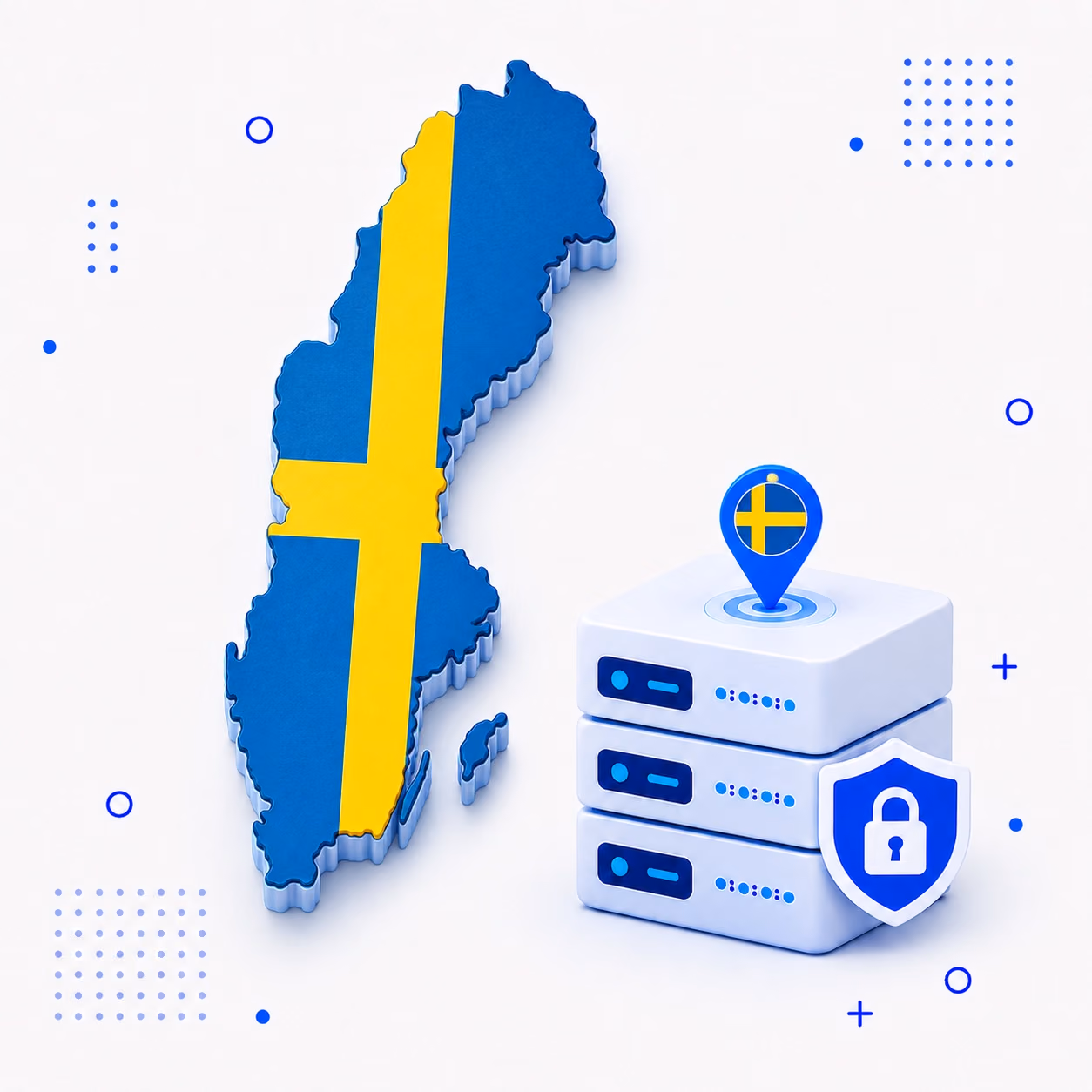 VPN for Sweden 3D map of Sweden in national flag colors beside secure VPN servers and a privacy shield