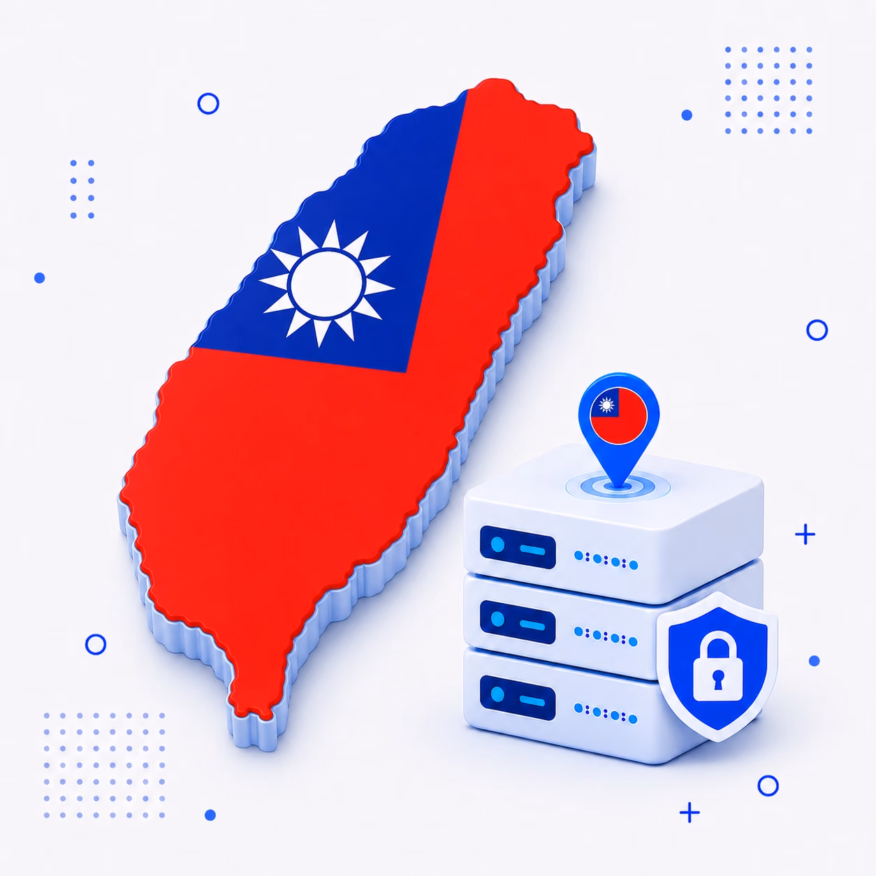 VPN for Taiwan 3D map of Taiwan in national flag colors beside secure VPN servers and a privacy shield