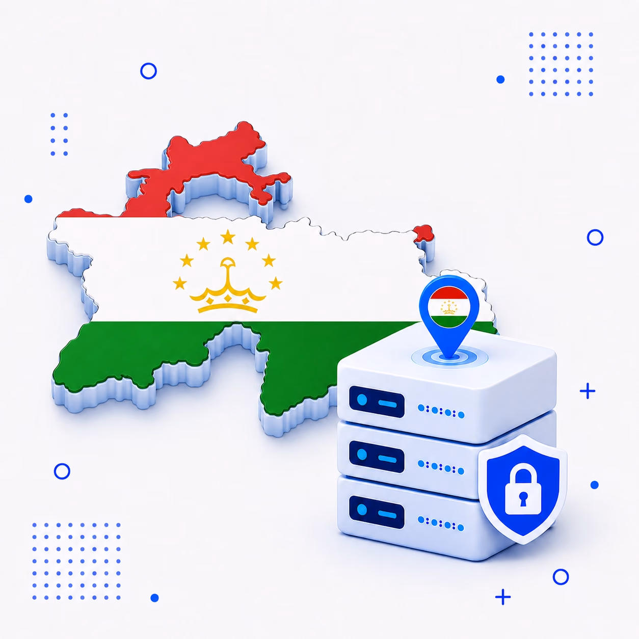 VPN for Tajikistan 3D map of Tajikistan in national flag colors with encrypted VPN servers and a privacy shield