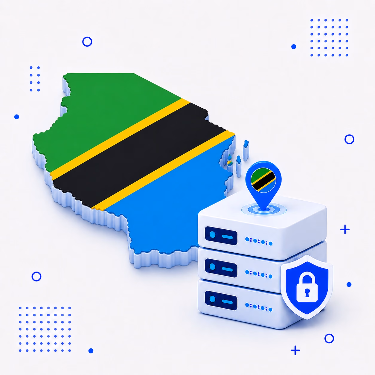 3D map of Tanzania in national flag colors beside protected VPN servers and a privacy shield