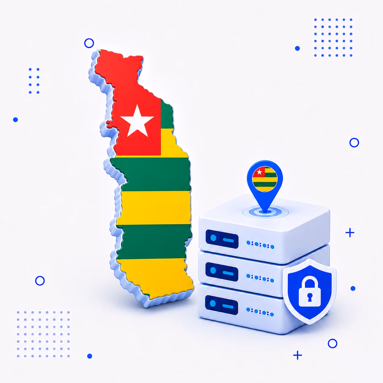 VPN for Togo 3D map of Togo in national flag colors beside protected VPN servers and a privacy shield