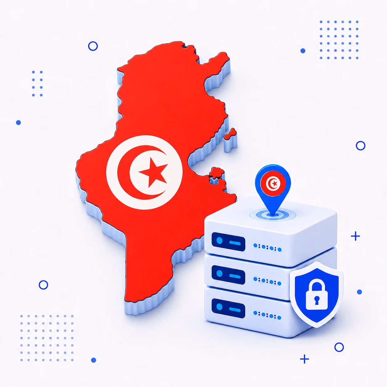 3D map of Tunisia in national flag colors beside encrypted VPN servers and a privacy shield