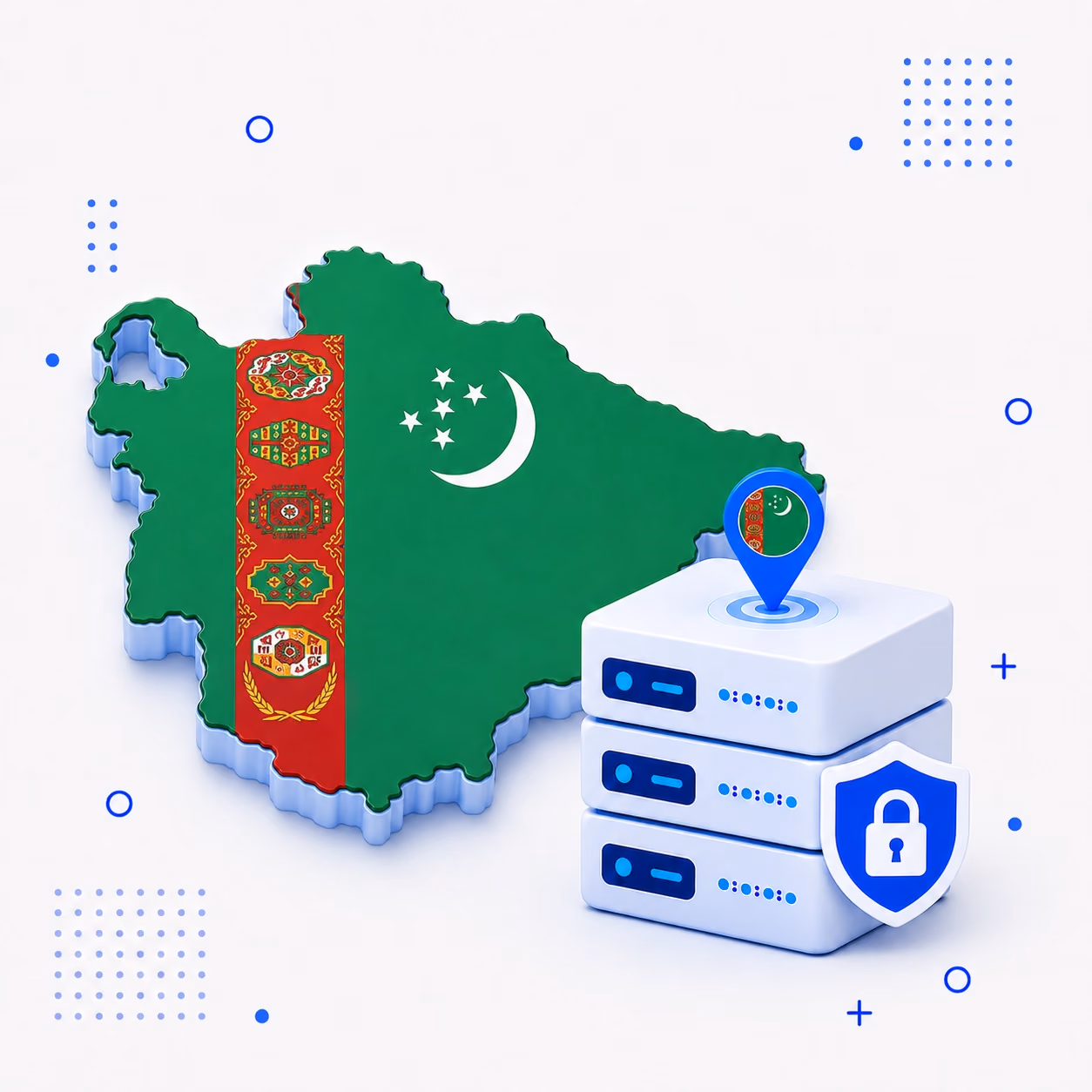 VPN for Turkmenistan 3D map of Turkmenistan in national flag colors beside secure VPN servers and a privacy shield