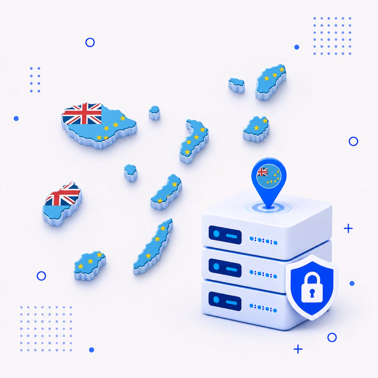 3D map of Tuvalu in national flag colors with encrypted VPN servers and a privacy shield